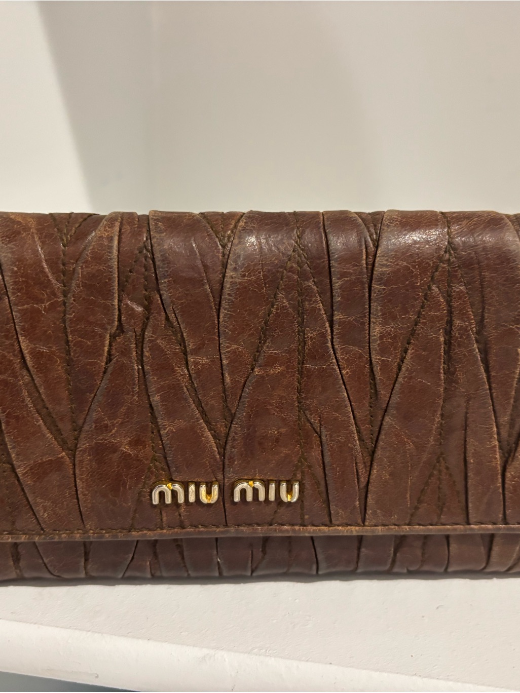 Miu Miu Chocolate Brown Quilted Leather Wallet With Gold Logo